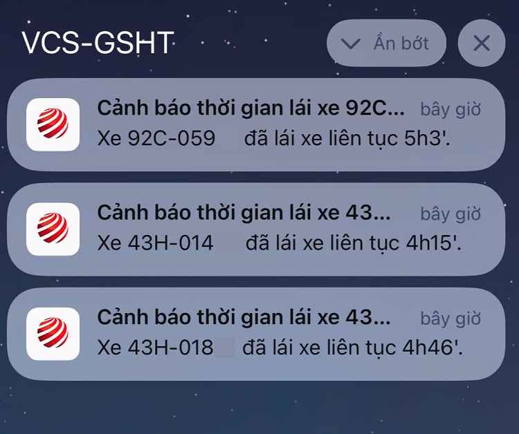 Cảnh báo thời gian lái xe trên app của VCOMSAT