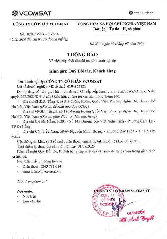 THÔNG BÁO CẬP NHẬT ĐỊA CHỈ DOANH NGHIỆP